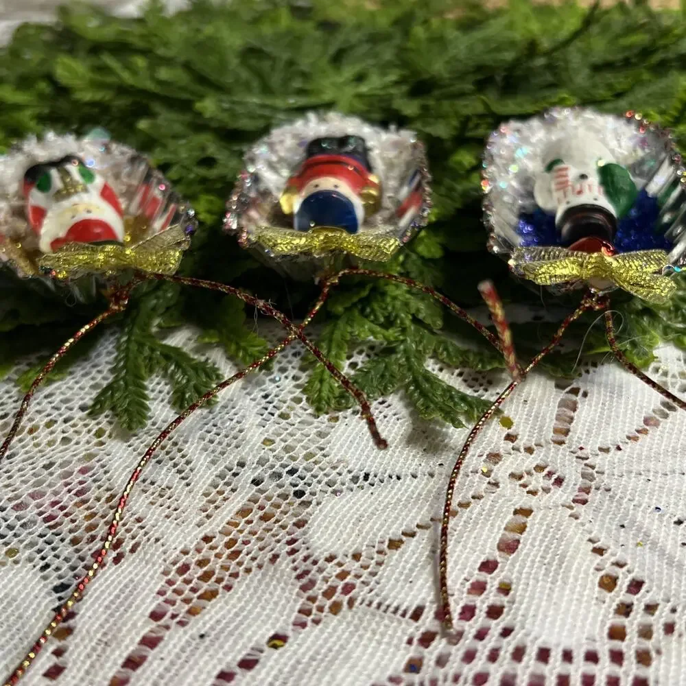 Vintage Oval Tart Tin Santa Snowman Soldier Set/3 Diorama Mid Century Ornaments